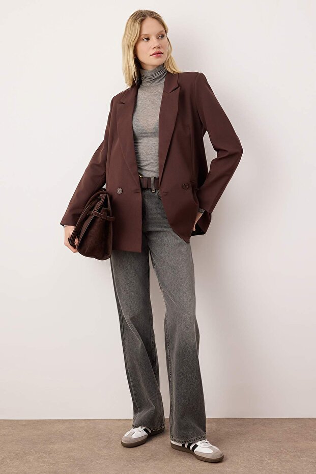 Kahverengi Regular Astarlı Kruvaze Kapama Dokuma Blazer Ceket TWOSS20CE0059 - 1