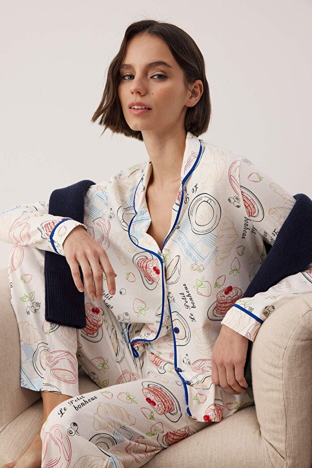 Ekru %100 Pamuklu Eğlenceli Baskılı Biyeli Örme Pijama Takımı THMAW26PT00201 - 1