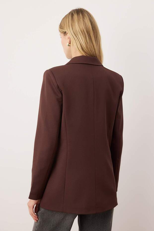 Kahverengi Regular Astarlı Kruvaze Kapama Dokuma Blazer Ceket TWOSS20CE0059 - 4