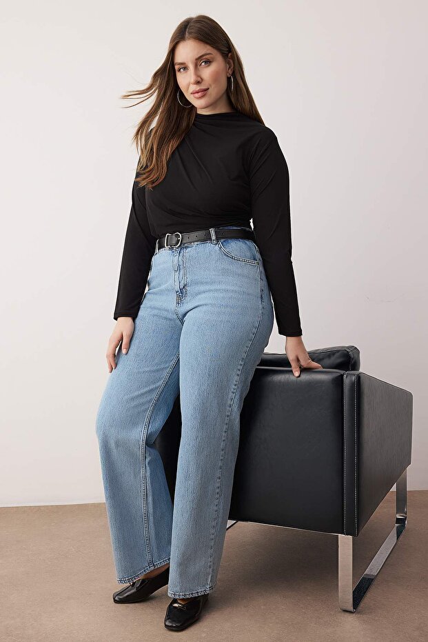 Açık Mavi Yüksek Bel Geniş Paça Büyük Beden Wide Leg Jeans TBBAW26CJ00001 - 2