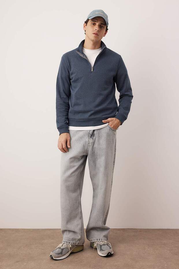 Indigo Regular/Normal Kesim Dik Yaka Kalın İçi Polarlı Sweatshirt TMNAW26SW00021 - 3