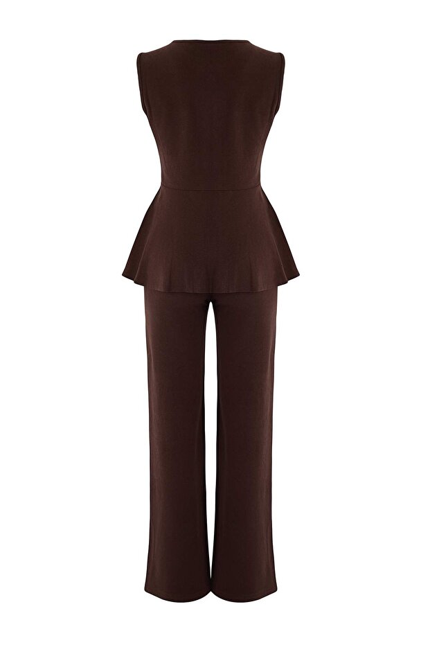 Kahverengi Selanik Düğmeli Belden Açılan Wide Leg/Palazzo Alt Örme Alt - Üst Takım TWOAW26AU00092 - 6