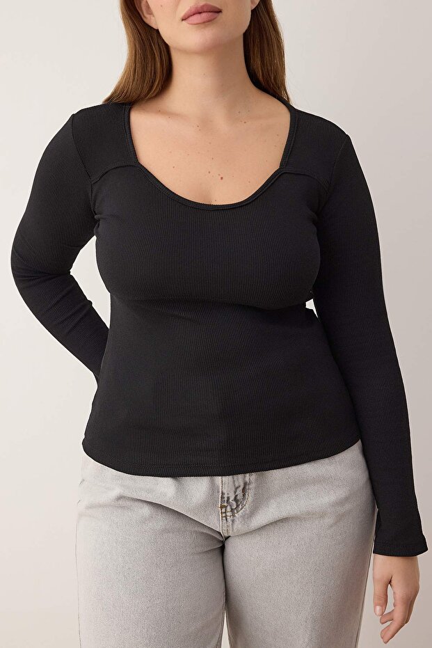 Siyah Kaşkorse Crop Örme Büyük Beden Bluz TBBAW26AF00057 - 3