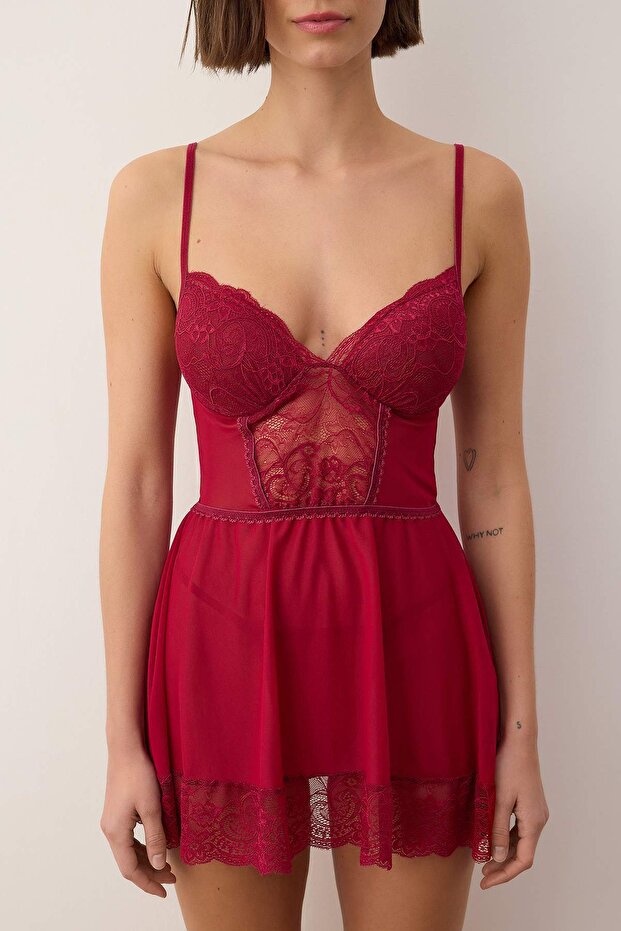 Bordo Tül Şeritli Dantel Detaylı Kaplı Külotlu Babydoll/Fantezi Gecelik THMAW26CY00002 - 3
