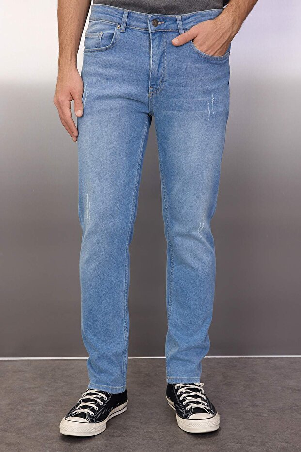 Açık Mavi Esnek Kumaş Tırnaklı Destroylu Slim Fit Dar Kesim Jeans Kot Pantolon TMNSS21JE0067 - 1