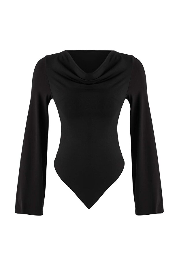 Siyah Degaje Yaka Asimetrik Fitted/Vücuda Oturan Örme Bluz TWOAW26BZ00283 - 6