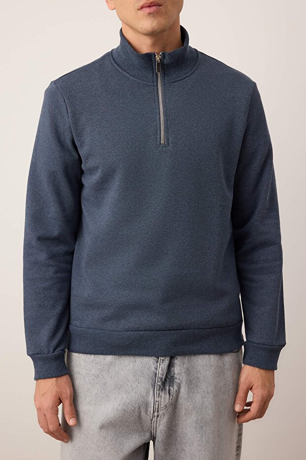 Indigo Regular/Normal Kesim Dik Yaka Kalın İçi Polarlı Sweatshirt TMNAW26SW00021 - 4
