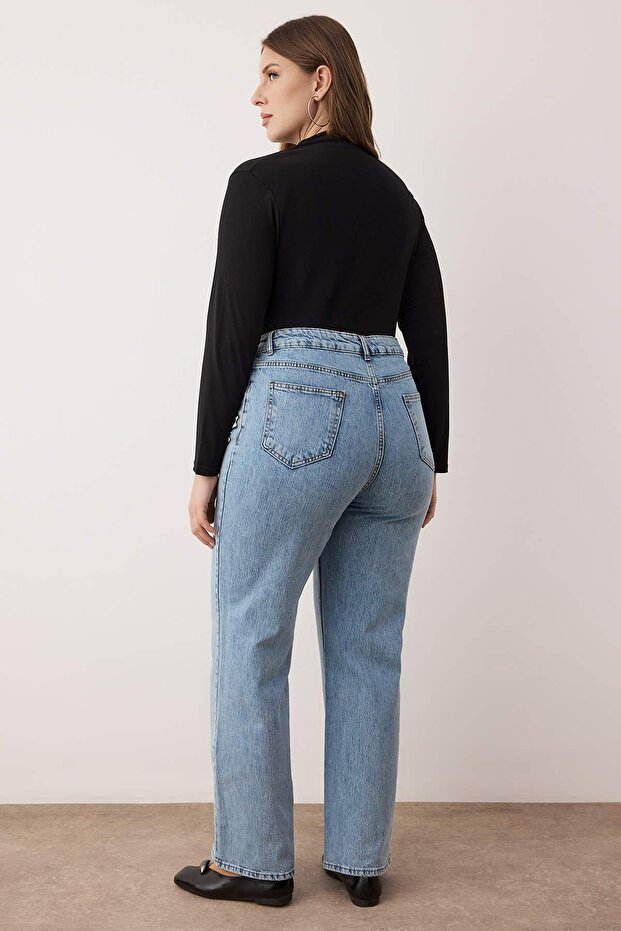 Açık Mavi Yüksek Bel Geniş Paça Büyük Beden Wide Leg Jeans TBBAW26CJ00001 - 4