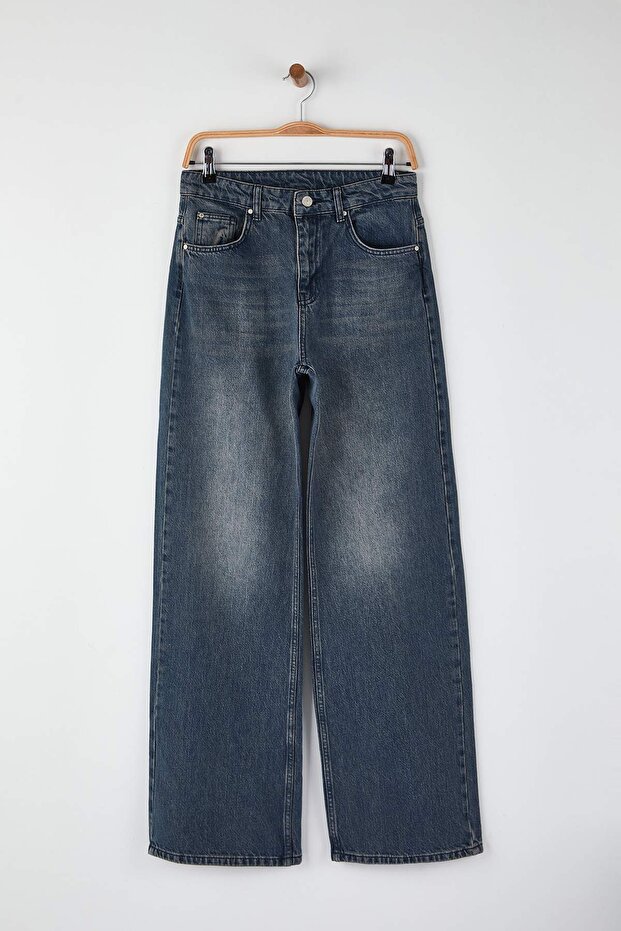 Koyu Mavi Yüksek Bel Geniş Paça Wide Leg Jeans TWOAW26JE00119 - 5