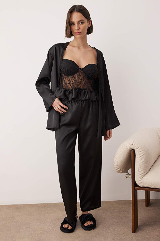 Siyah 3'lü Çeyiz Set Saten Dokuma Pijama Takımı THMAW26PT00211 - 2