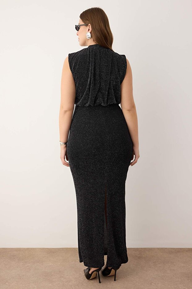 Siyah Tül Örme Maxi Boy Büyük Beden Elbise TBBSS25AH00247 - 6
