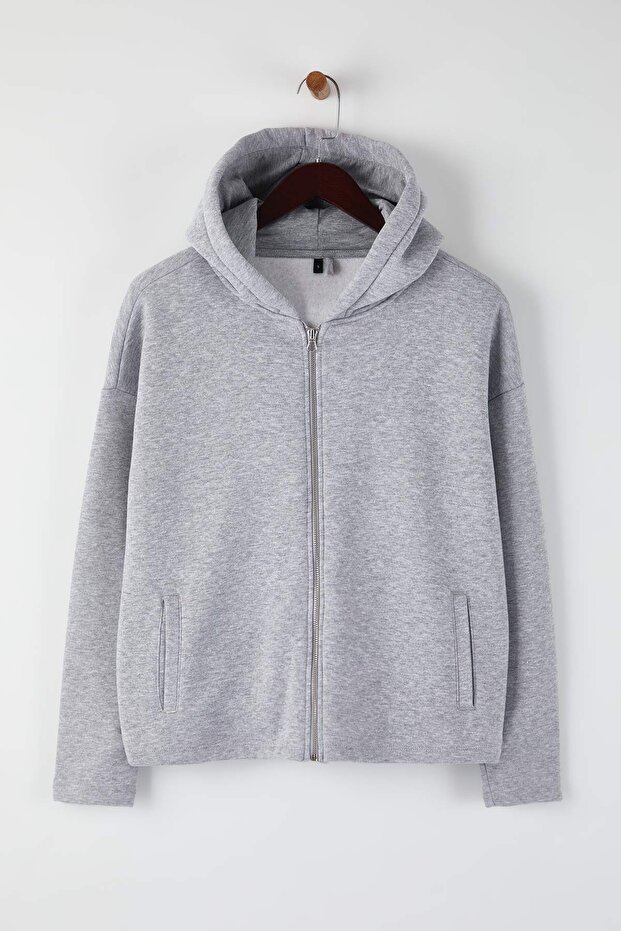 Gri Melanj Kalın İçi Polarlı Kapüşonlu Fermuarlı Oversize/Geniş Kesim Örme Sweatshirt TWOAW26SW00111 - 5