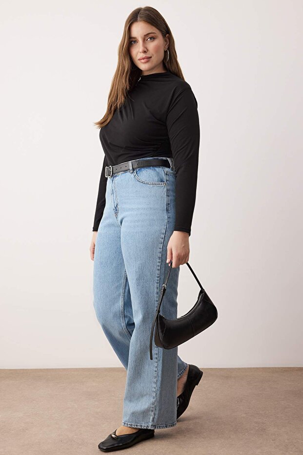 Açık Mavi Yüksek Bel Geniş Paça Büyük Beden Wide Leg Jeans TBBAW26CJ00001 - 1