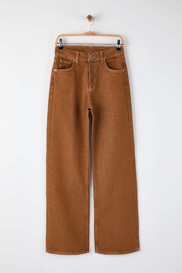 Camel Wysoki stan Vintage Wypłukiwanie Specjalny kolor Denim Szerokie nogawki/Szerokie nogawki Jeans TWOAW26JE00110 - 5