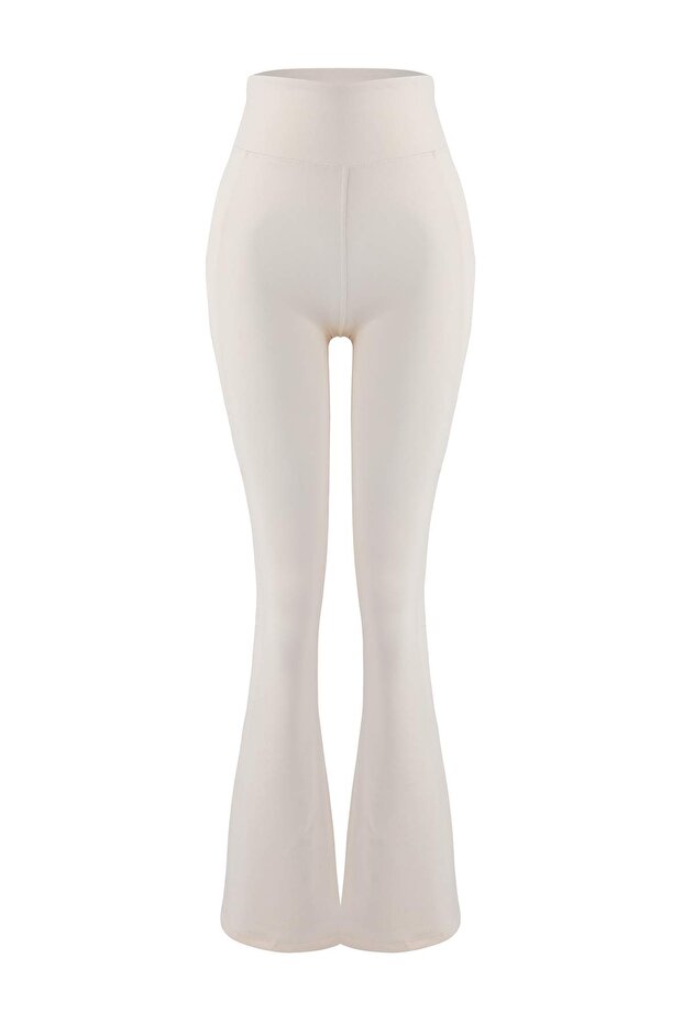 Ekru Fırçalı Soft Kumaş Reflektör Baskılı İspanyol Paça Yoga Örme Spor Tayt THMAW24TY00066 - 9
