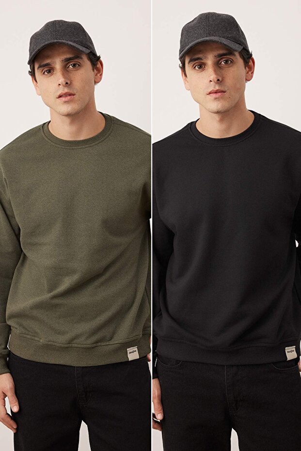 Siyah-Haki 2'li Paket Oversize/Geniş Kesim İçi Polar/Sıcak Tutan Etiketli Sweatshirt TMNAW24SW00001 - 1