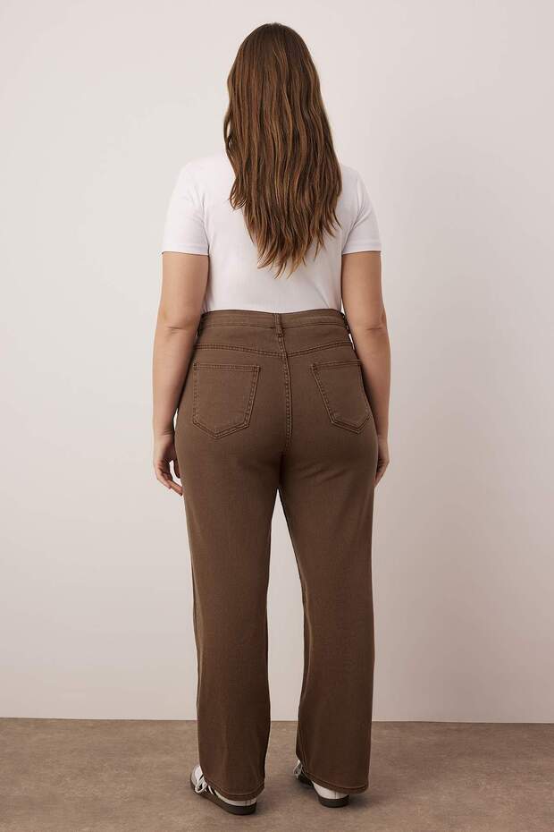 Kahverengi Yüksek Bel Straight Fit Denim Büyük Beden Jeans TBBSS24CJ00051 - 4