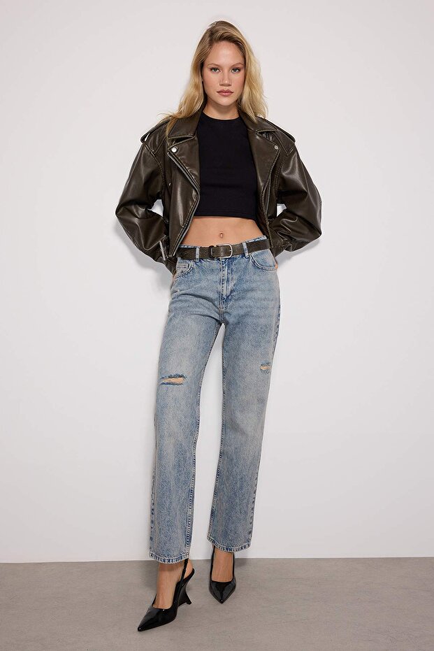 Mavi Yırtıklı Yüksek Bel Düz Kesim Straight %100 Pamuk Non-Stretch Jeans TWOAW24JE00033 - 3