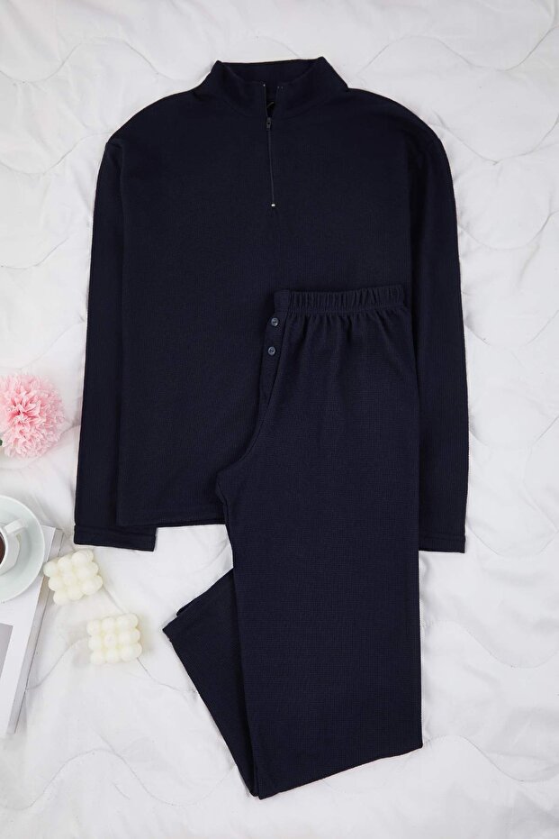 Lacivert Fermuarlı Yumuşak Kışlık Waffle Örme Pijama Takımı THMAW26PT00186 - 5