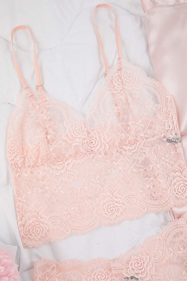 Pembe 3'lü Çeyiz Set Üst Dantel, Alt Saten Askılı Külotlu Dokuma Pijama Takımı THMAW26PT00077 - 6