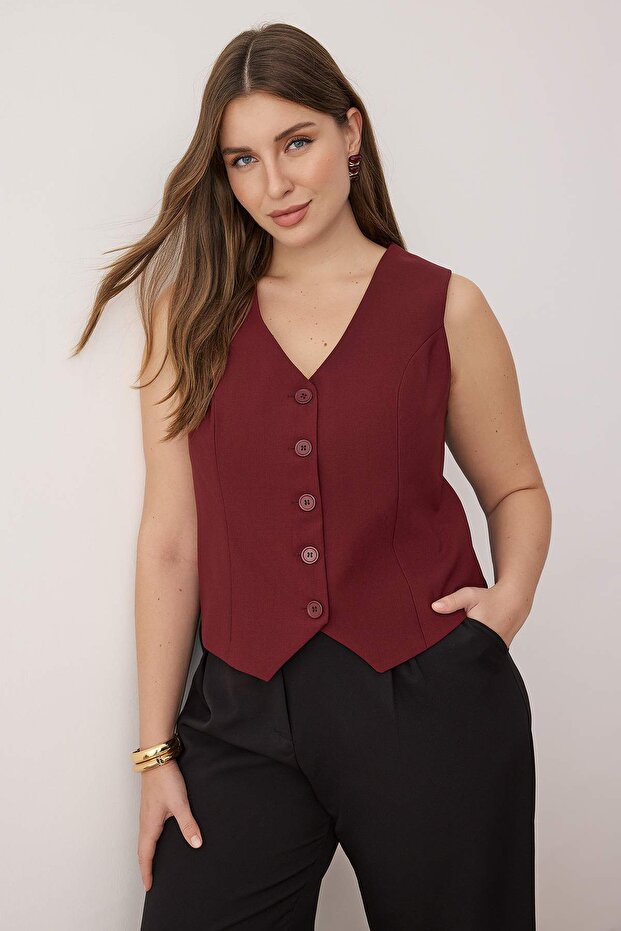 Bordo Fitted Crop Düğmeli Dokuma Büyük Beden Yelek TBBSS24BH00003 - 2