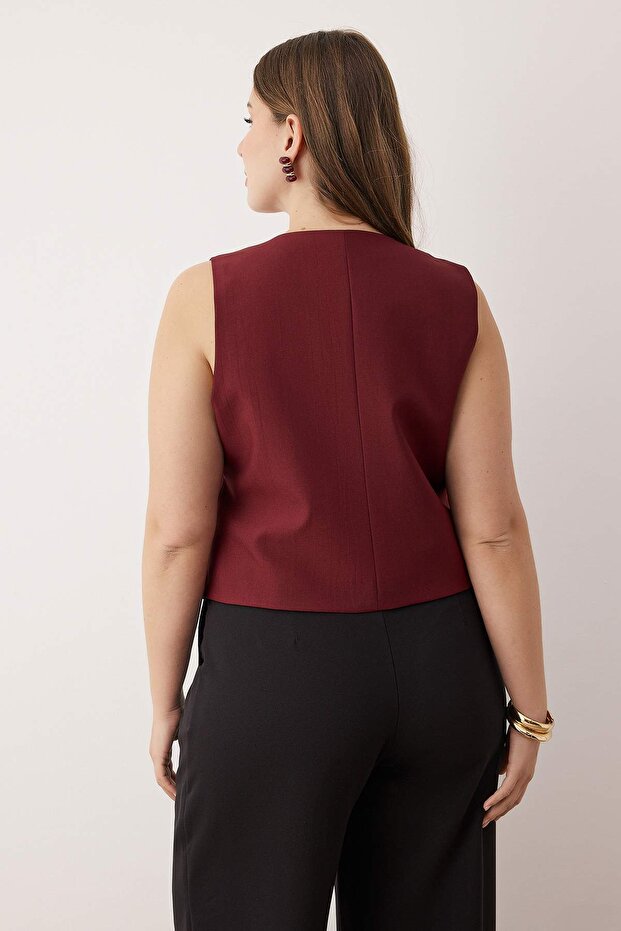 Bordo Fitted Crop Düğmeli Dokuma Büyük Beden Yelek TBBSS24BH00003 - 4