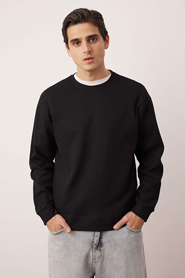 Siyah - Haki Yeni Oversize/Geniş Kalıp 2'li Paket Dokulu Waffle Sweatshirt TMNAW26SW00028 - 2