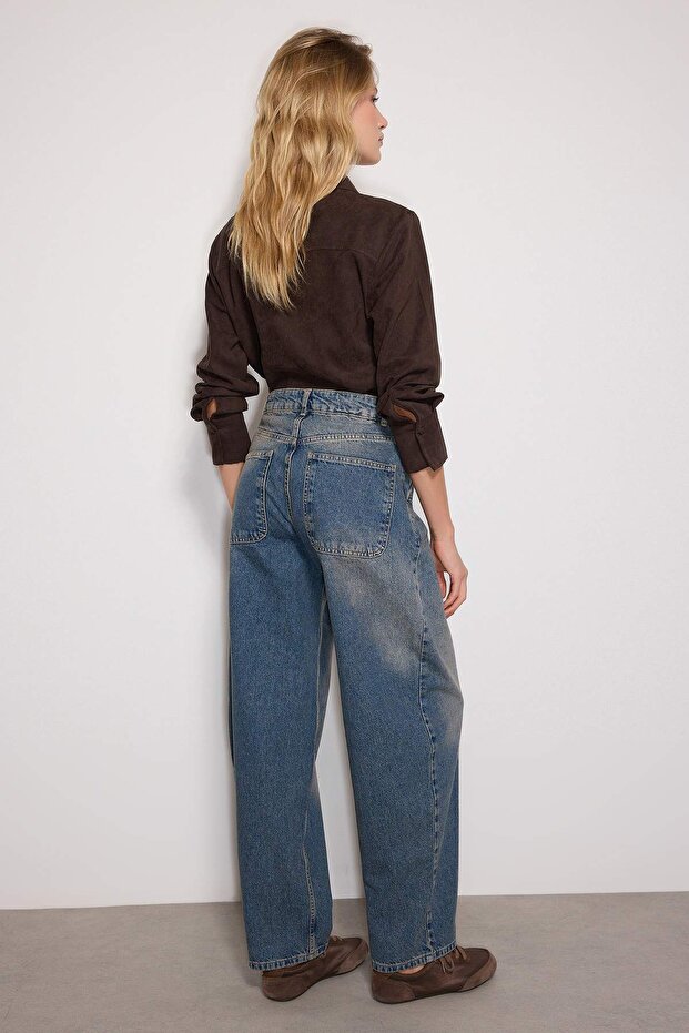 Koyu Mavi Soluk Efektli Vintage Düşük Bel Skater Baggy Jeans TWOSS24JE00052 - 4