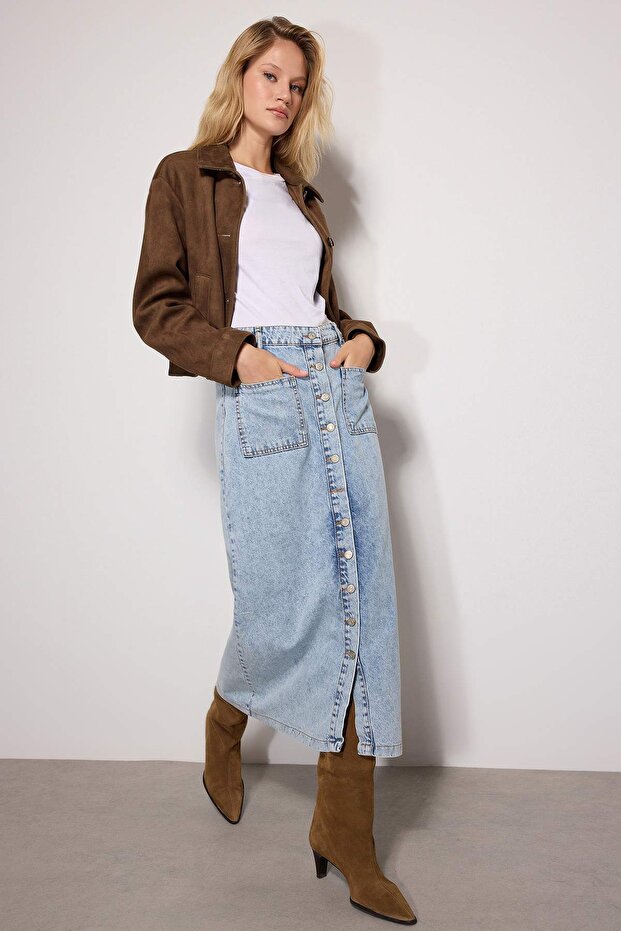 Spódnica maxi z wysokim stanem i podwójną kieszenią w kolorze jasnoniebieskim - Tctss23Ee00002 - 3