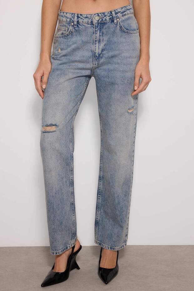 Mavi Yırtıklı Yüksek Bel Düz Kesim Straight %100 Pamuk Non-Stretch Jeans TWOAW24JE00033 - 4