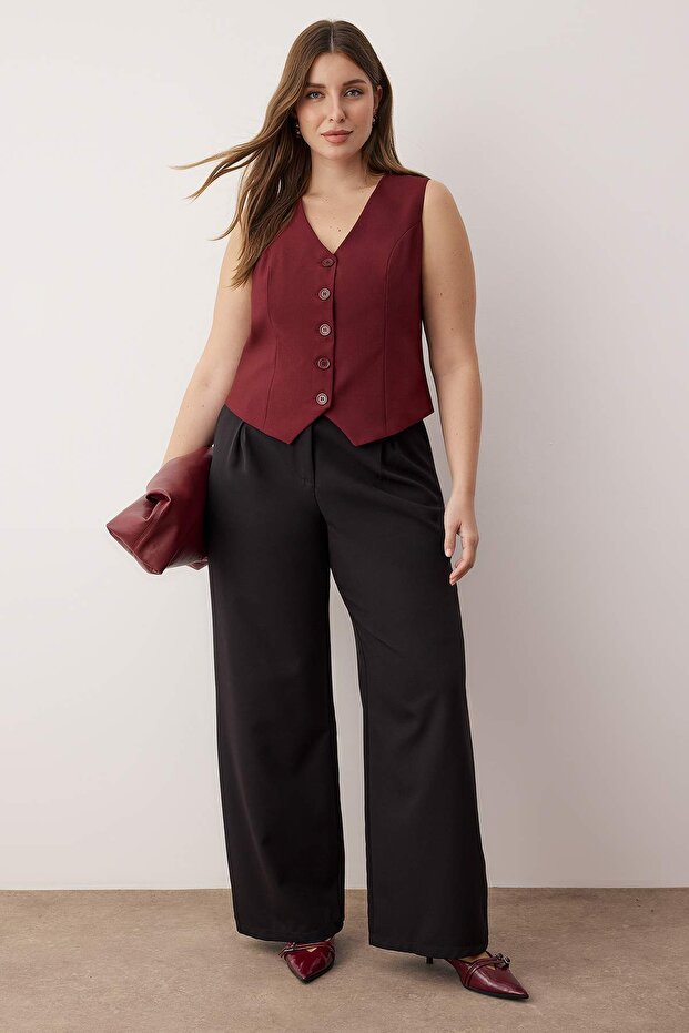 Bordo Fitted Crop Düğmeli Dokuma Büyük Beden Yelek TBBSS24BH00003 - 1