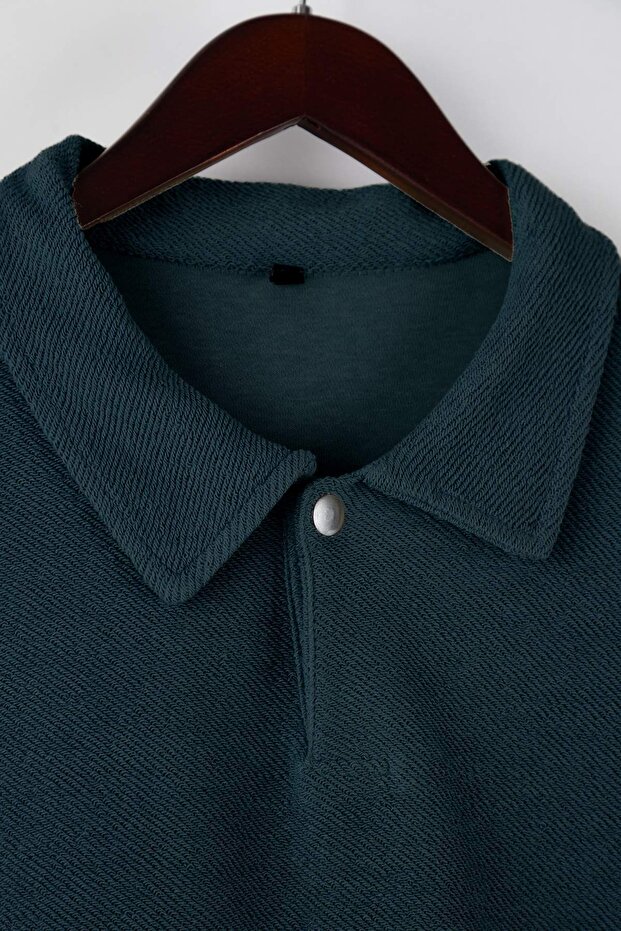 Petrol Yeşili Yeni Oversize/Geniş Kesim Polo Yaka Kalın Çıtçıtlı Sweatshirt TMNAW26SW00051 - 7