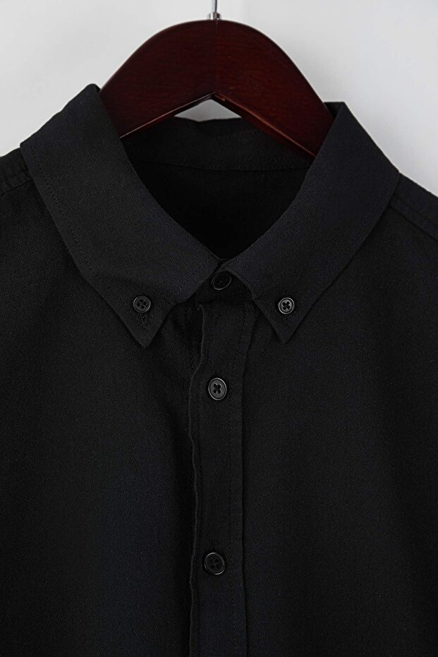 Siyah Unisex Regular Fit %100 Pamuklu Keten Görünümlü Gömlek TMNSS23GO00099 - 6
