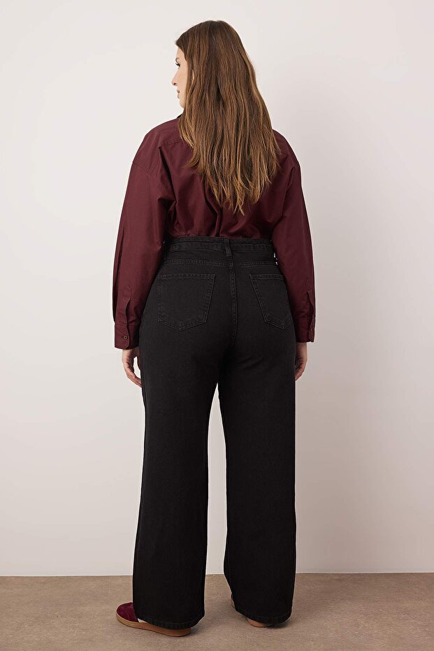 Antrasit Yüksek Bel Nervürlü Geniş Kesim Jeans TBBAW23CJ00013 - 4