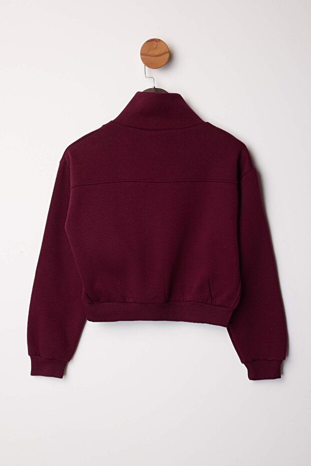 Bordo Kalın İçi Polarlı Dik Yaka Yarım Pat Fermuarı Crop Örme Sweatshirt TWOAW26SW00233 - 7