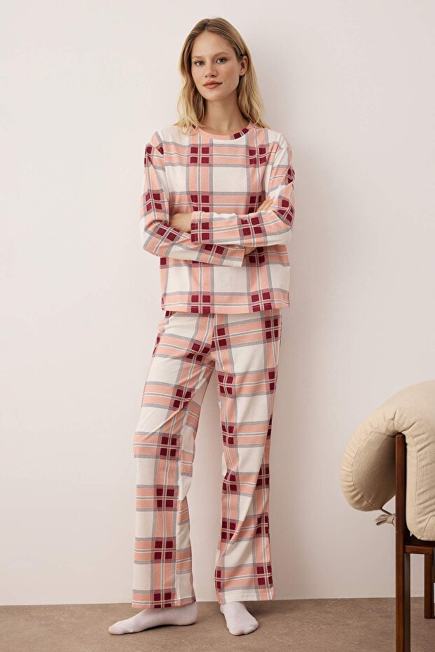 Gül Kurusu %100 Pamuklu Ekoseli Örme Pijama Takımı THMAW26PT00046 - 2