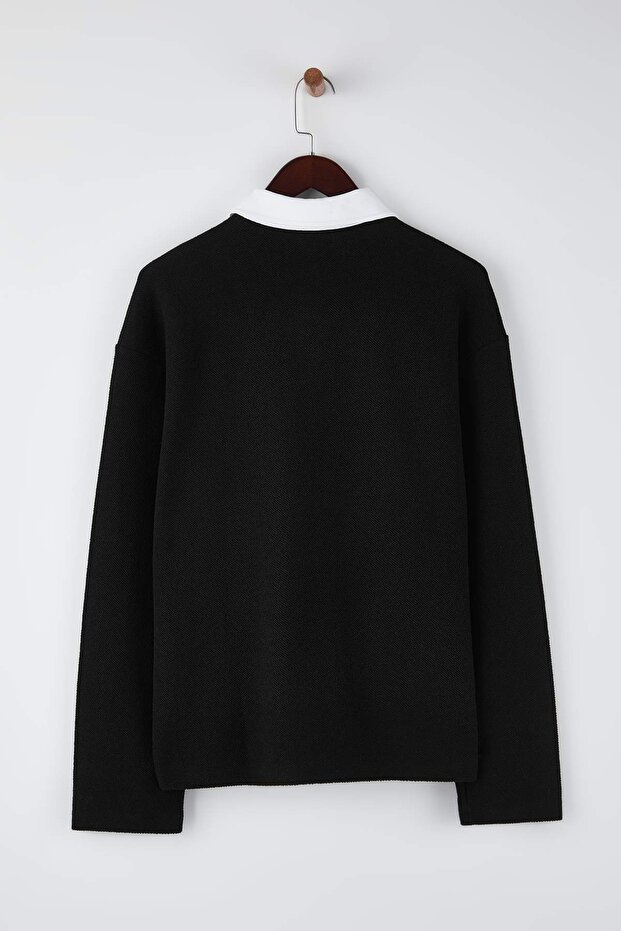 Siyah Yeni Oversize/Geniş Kesim Nakış Detaylı Kalın Polo Yaka Sweatshirt TMNAW26SW00027 - 8
