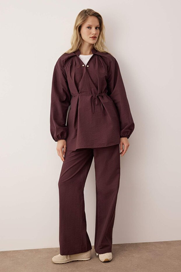 Bordo Toka Detaylı Oversize Modal Kumaş Dokuma Alt - Üst Takım TCTAW26US00058 - 1