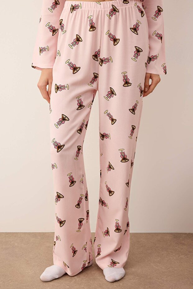 Pembe-Çok Renkli Baskılı Viskon Dokuma Pijama Takımı THMAW26PT00149 - 5