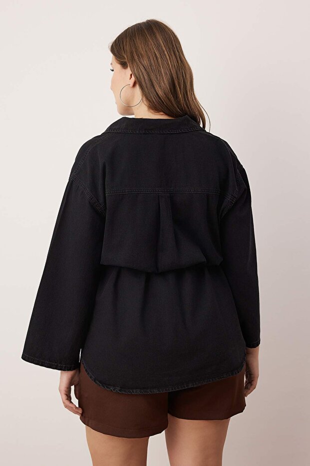 Antrasit Oversize/Bol Kesim Bağlamalı Büyük Beden Denim Gömlek TBBAW26AX00003 - 4