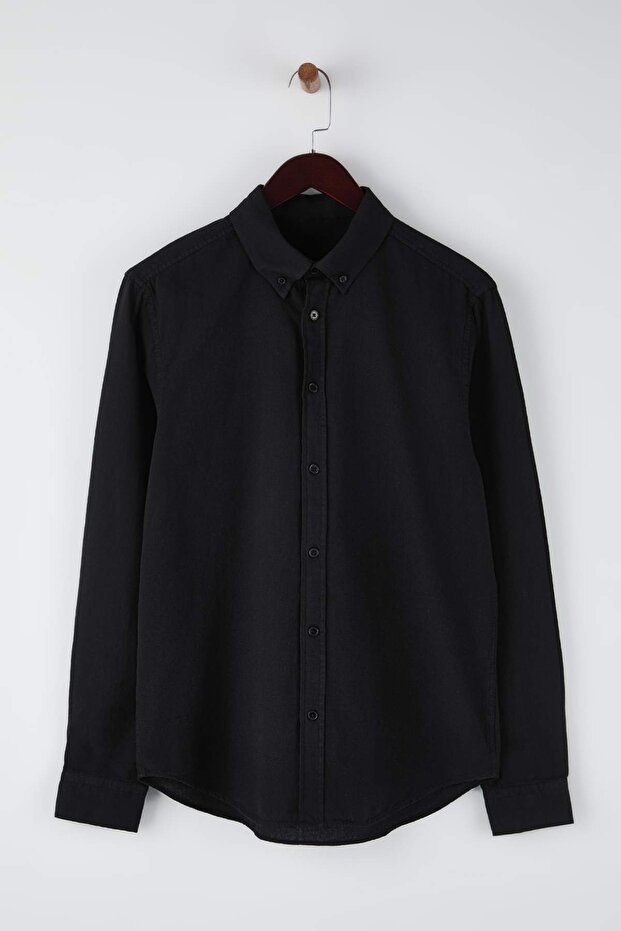 Siyah Unisex Regular Fit %100 Pamuklu Keten Görünümlü Gömlek TMNSS23GO00099 - 5