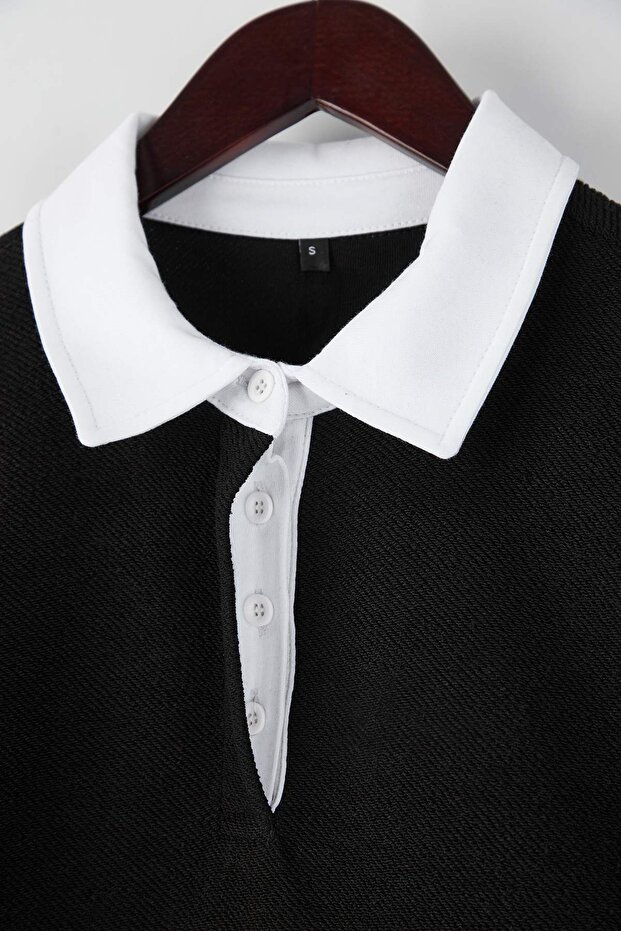 Siyah Yeni Oversize/Geniş Kesim Nakış Detaylı Kalın Polo Yaka Sweatshirt TMNAW26SW00027 - 7