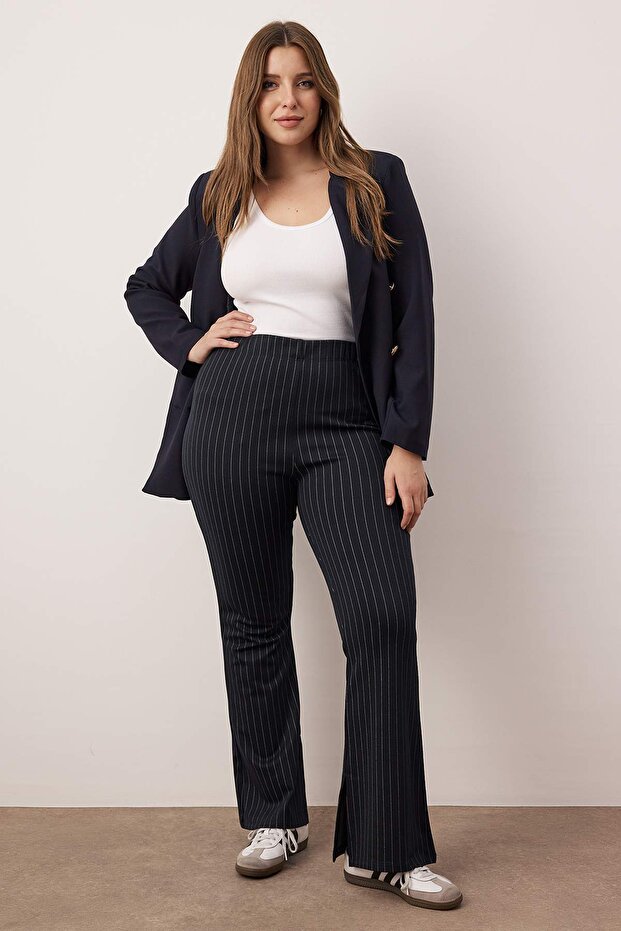 Leginsy w paski w rozmiarze plus size w stylu hiszpańskim - granatowe spodnie z rozcięciem Tbbss23Ar00036 - 1