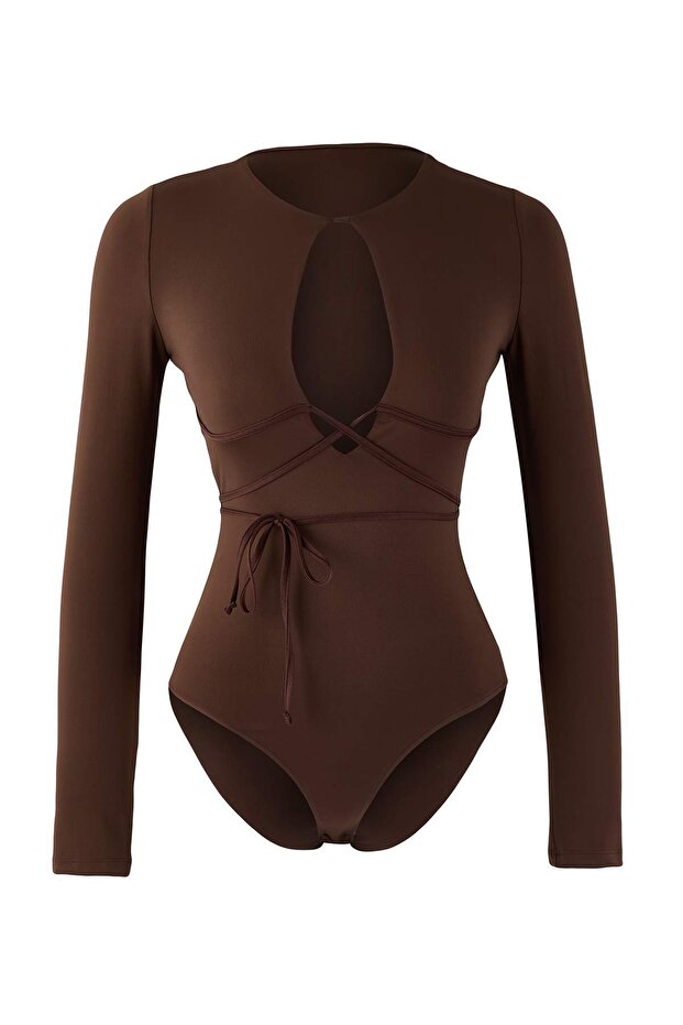 Кафяво боди с дълбоко V-образно деколте и връзки отпред TPRAW26BD00028 - 5