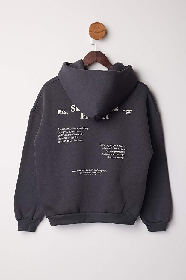Antrasit Kalın İçi Polarlı Kapüşonlu Slogan Baskılı Boxy Fit Örme Sweatshirt TWOAW26SW00217 - 8