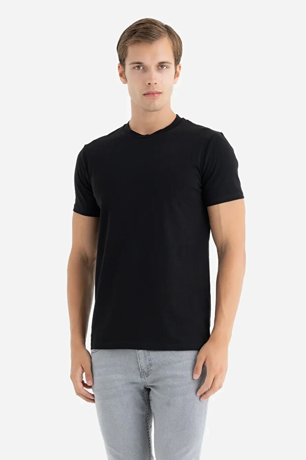 AL Erkek Siyah Bisiklet Yaka Basic Tişört - 1