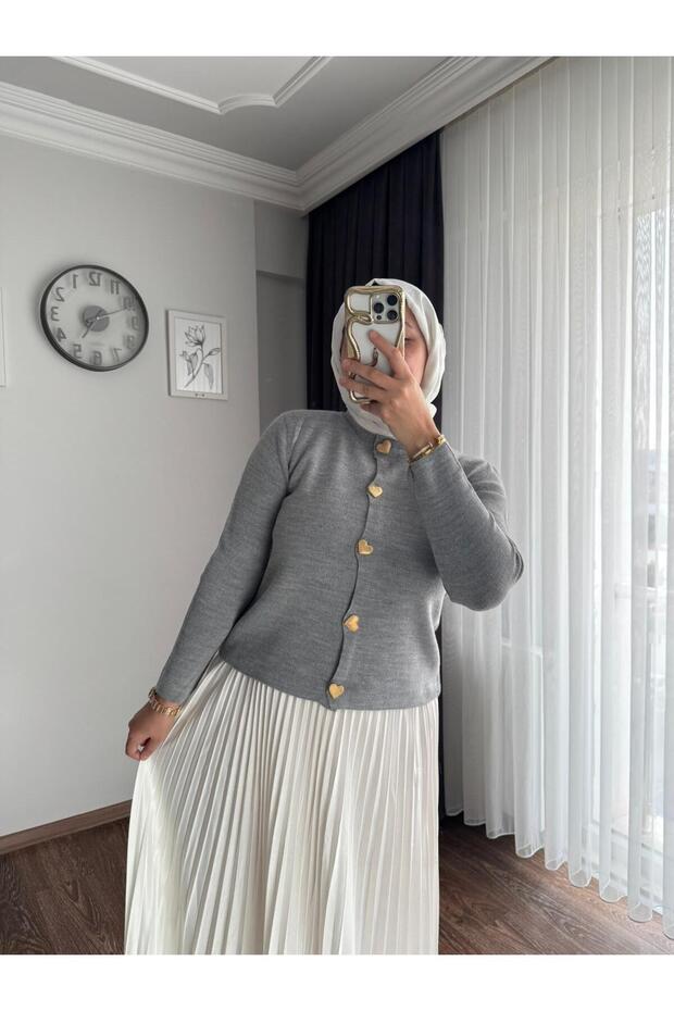 Women's Skirt Top Gold Heart Button Detailed Knitwear Hijab Cardigan - Gray
