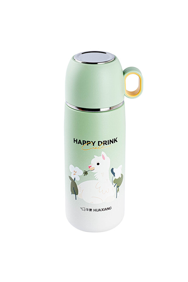 Okadi Green Patterned Stainless Steel Thermos with Cup 300ml