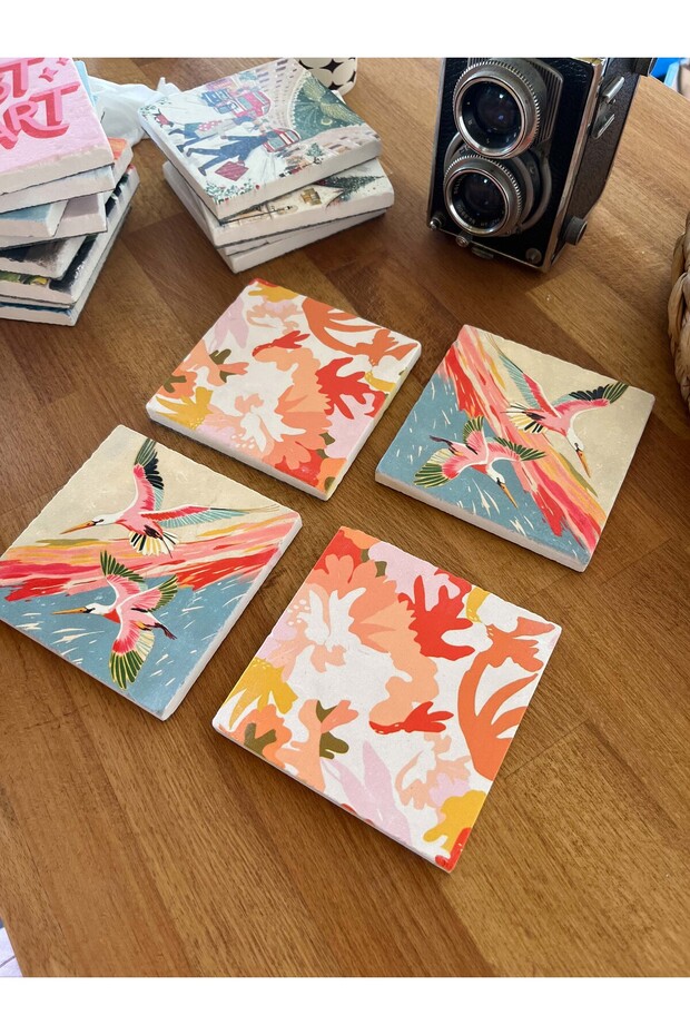 Colorful Stork Bird and Nature Patterned Natural Stone Coasters Set of 4 10X10 cm - 1