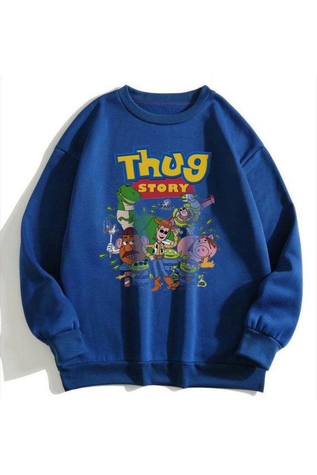 Blue two-thread unisex sweatshirt with dtf print, lightweight relaxed fit